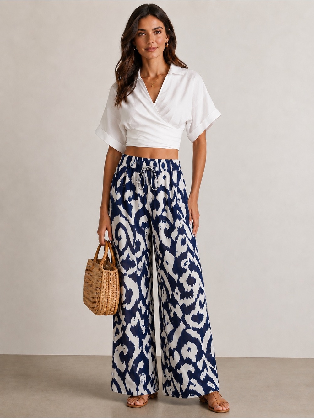 COMMENSE Tie Back Crop & Abstract Print Pants